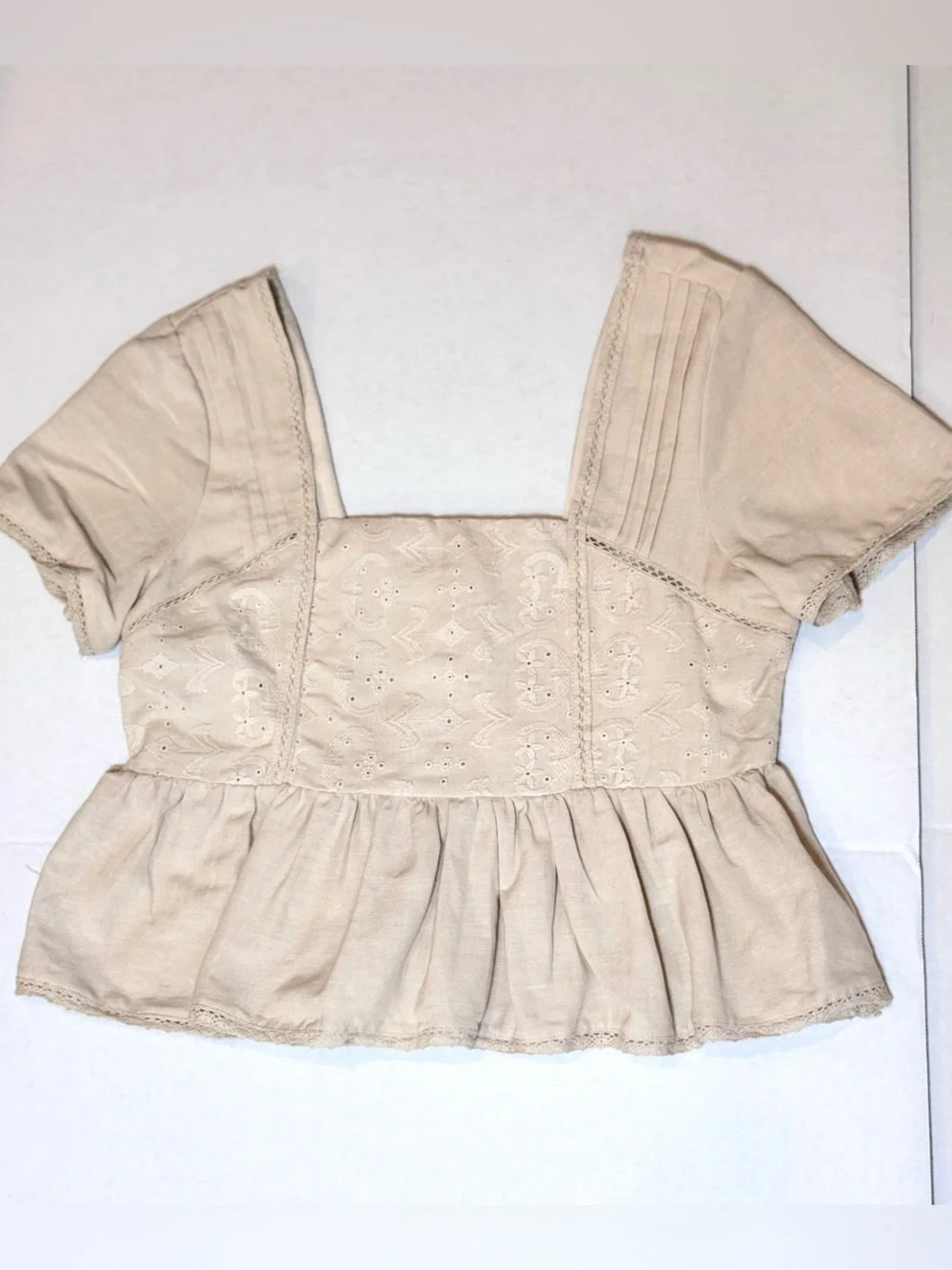 Cream Linen Blend Eyelet Peplum Top S Square Neck Cottagecore Coquette Prairie